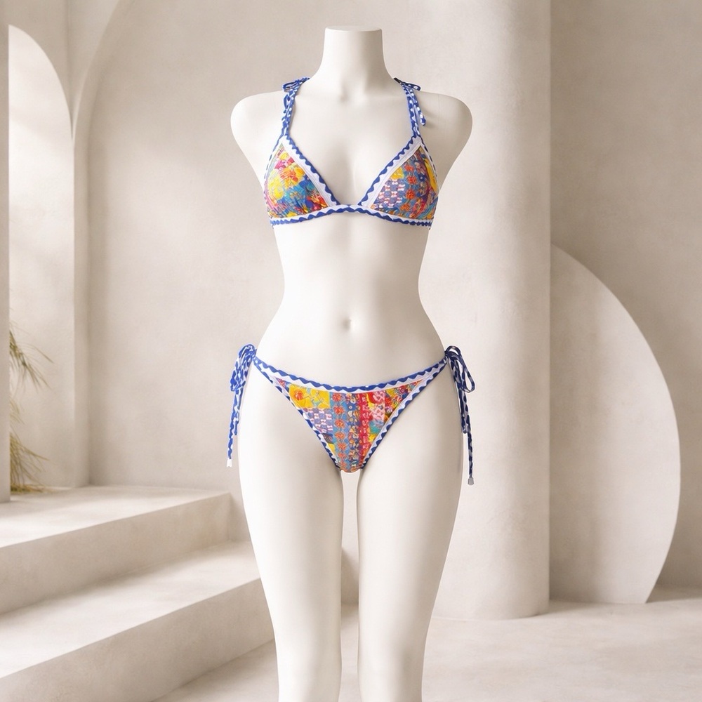 Blue Multi Color Block Triangle Bikini Set - Women’s Blue Floral Two-Piece